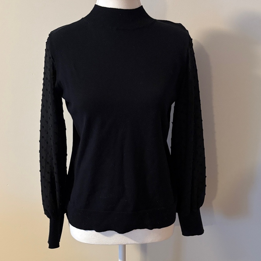 Cece Black Clip Dot Sheer Sleeve Mock Neck Long Sleeve Sweater. Size Small
